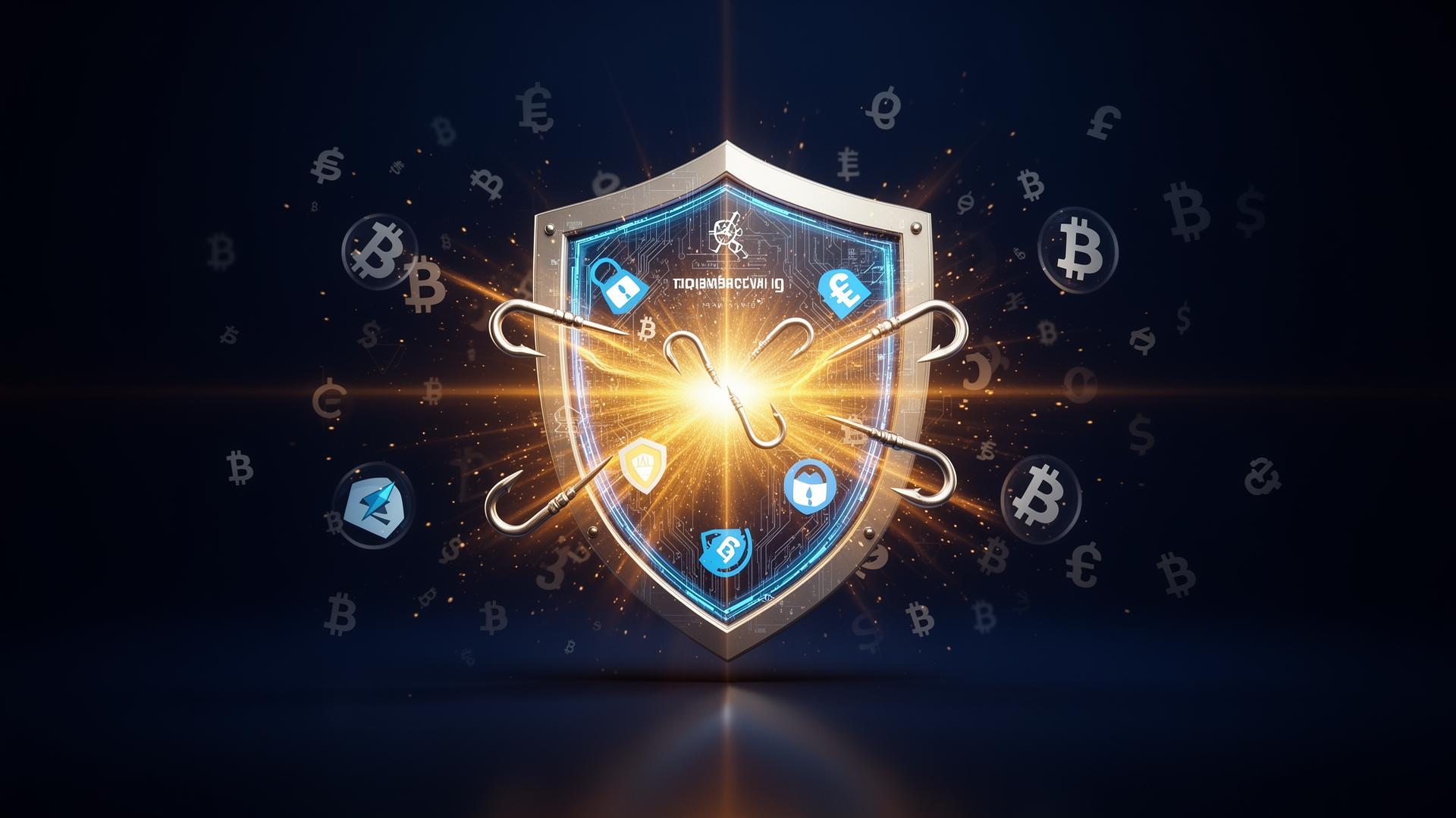 Digital shield deflecting phishing hooks with golden protective light surrounding cryptocurrency symbols