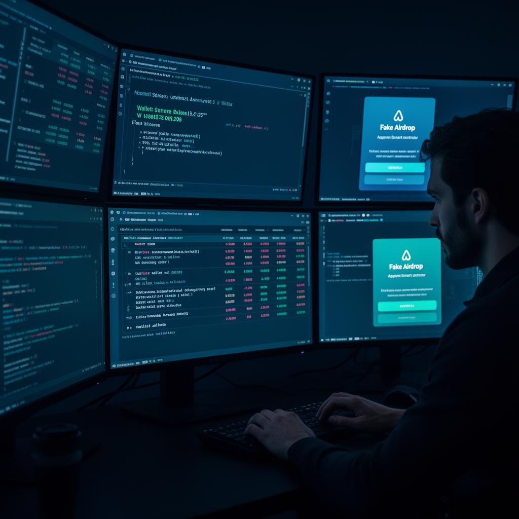 Blockchain investigator reviewing malicious wallet approval activity and drained wallet balances on multiple screens