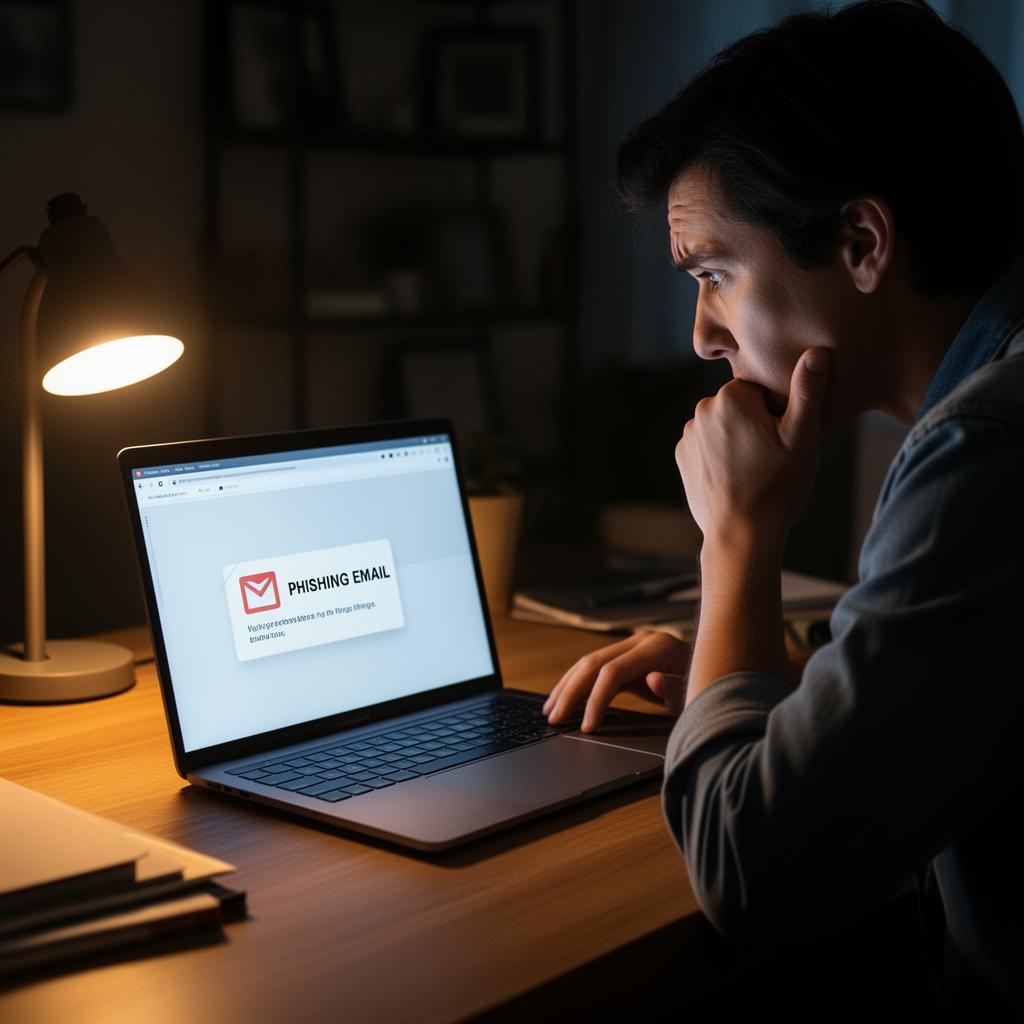 Crypto phishing victim reviewing fake wallet login alert on laptop with blockchain security elements