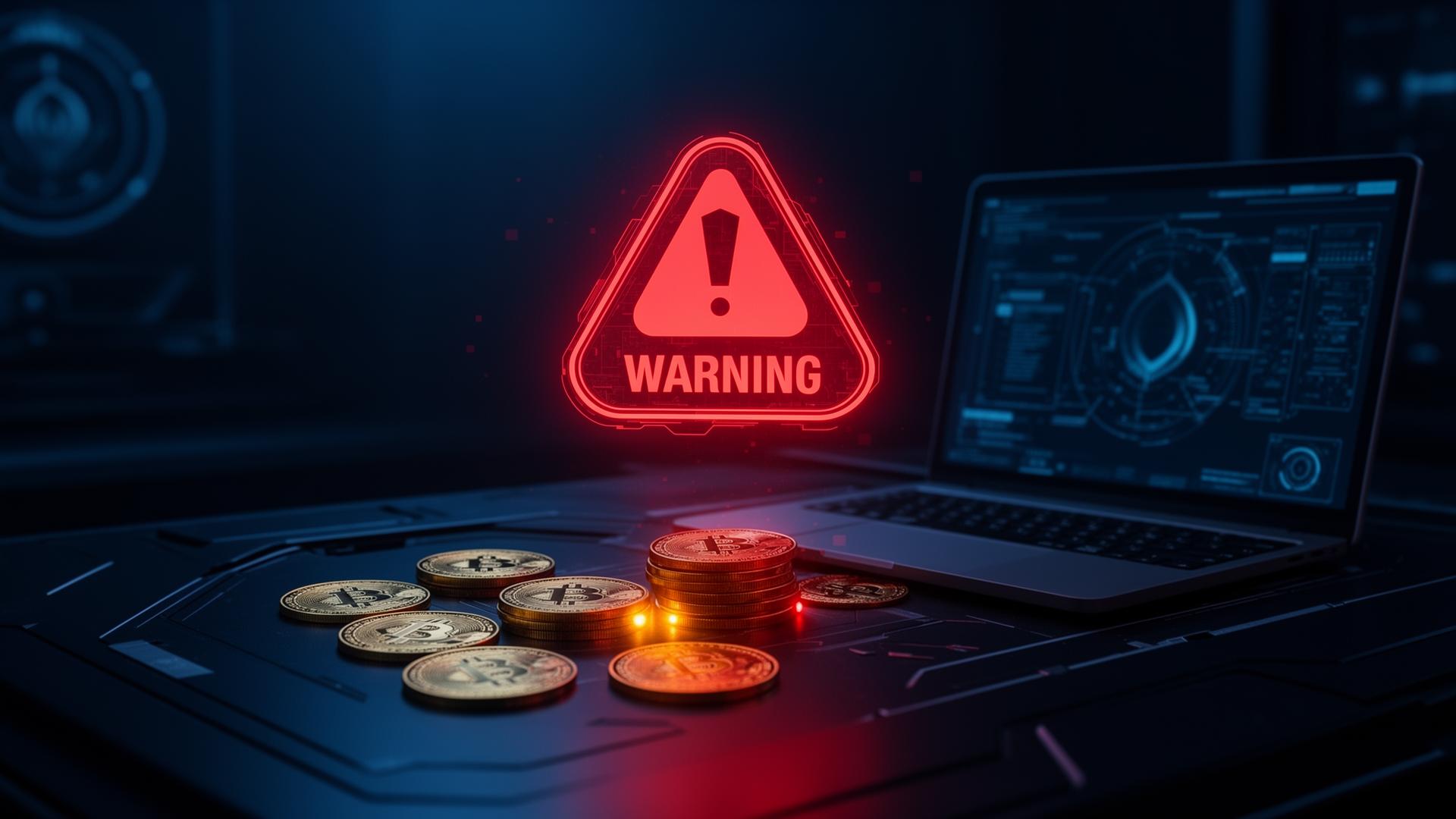 Warning alert hologram floating above cryptocurrency coins on a dark tech desk