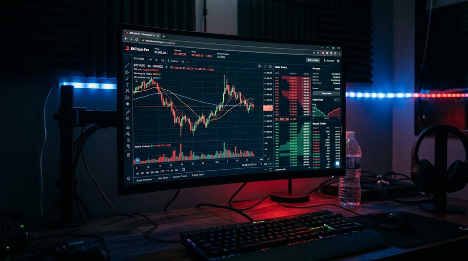 Dark trading interface on a screen showing charts and signals in a dim environment