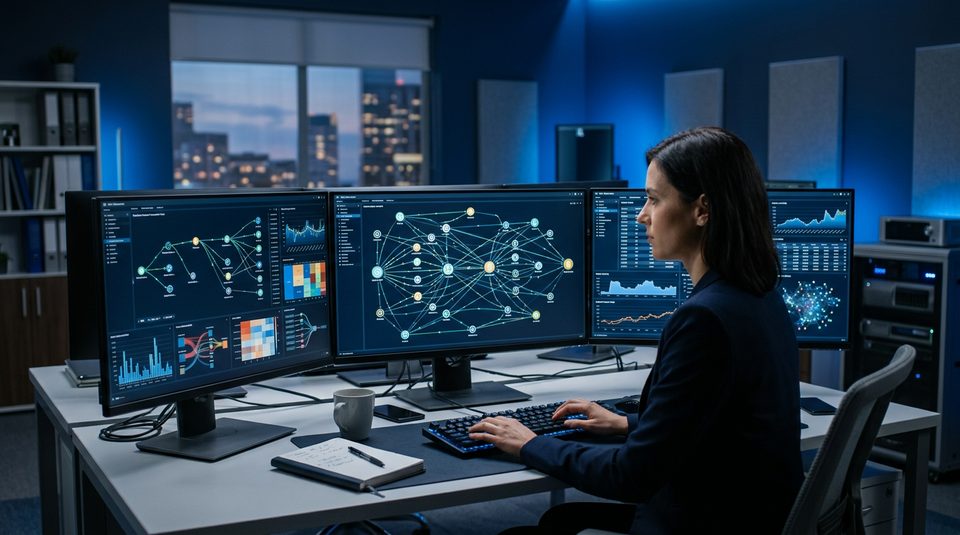 Professional blockchain tracing analysis workspace with multiple monitors