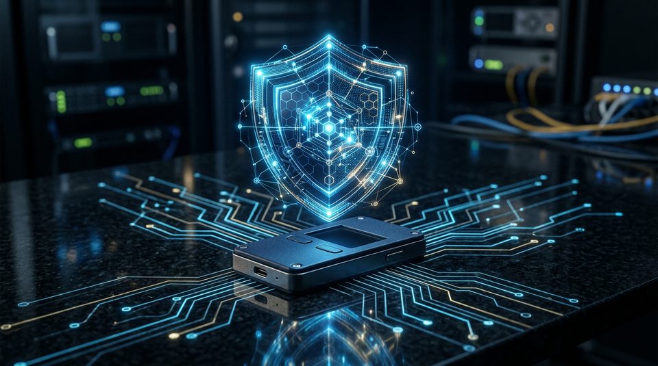 Digital security shield protecting a crypto wallet with blockchain network connections