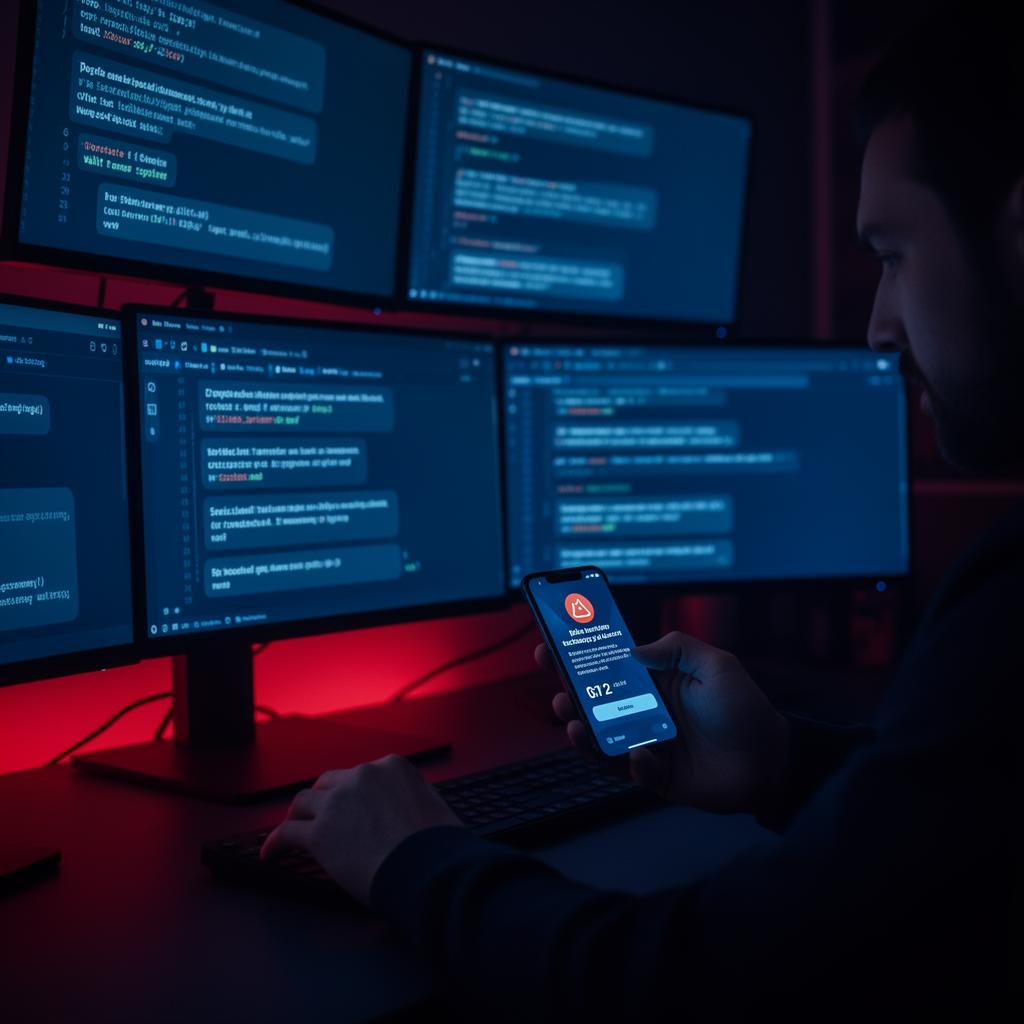 Crypto user receiving fake exchange security alerts and scam support messages across multiple monitors