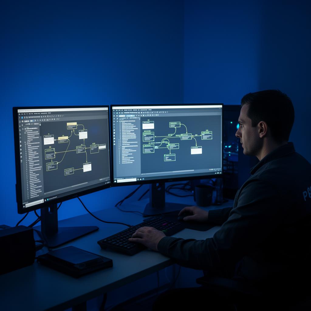 Blockchain investigation scene with investigators reviewing transaction paths on monitors