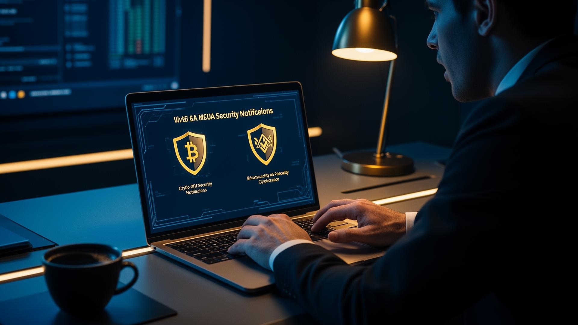 Person urgently working at laptop responding to cryptocurrency security notifications
