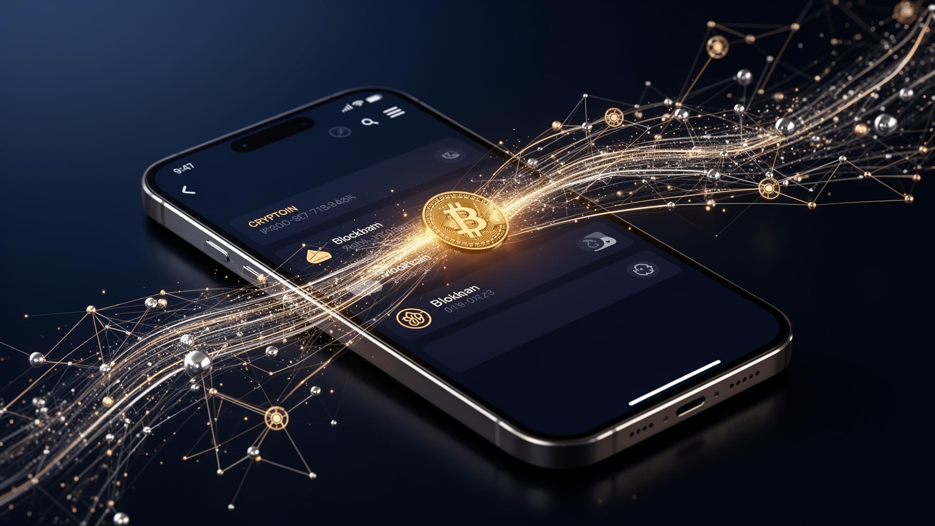 Cryptocurrency wallet with blockchain transaction paths visualized across a dark network