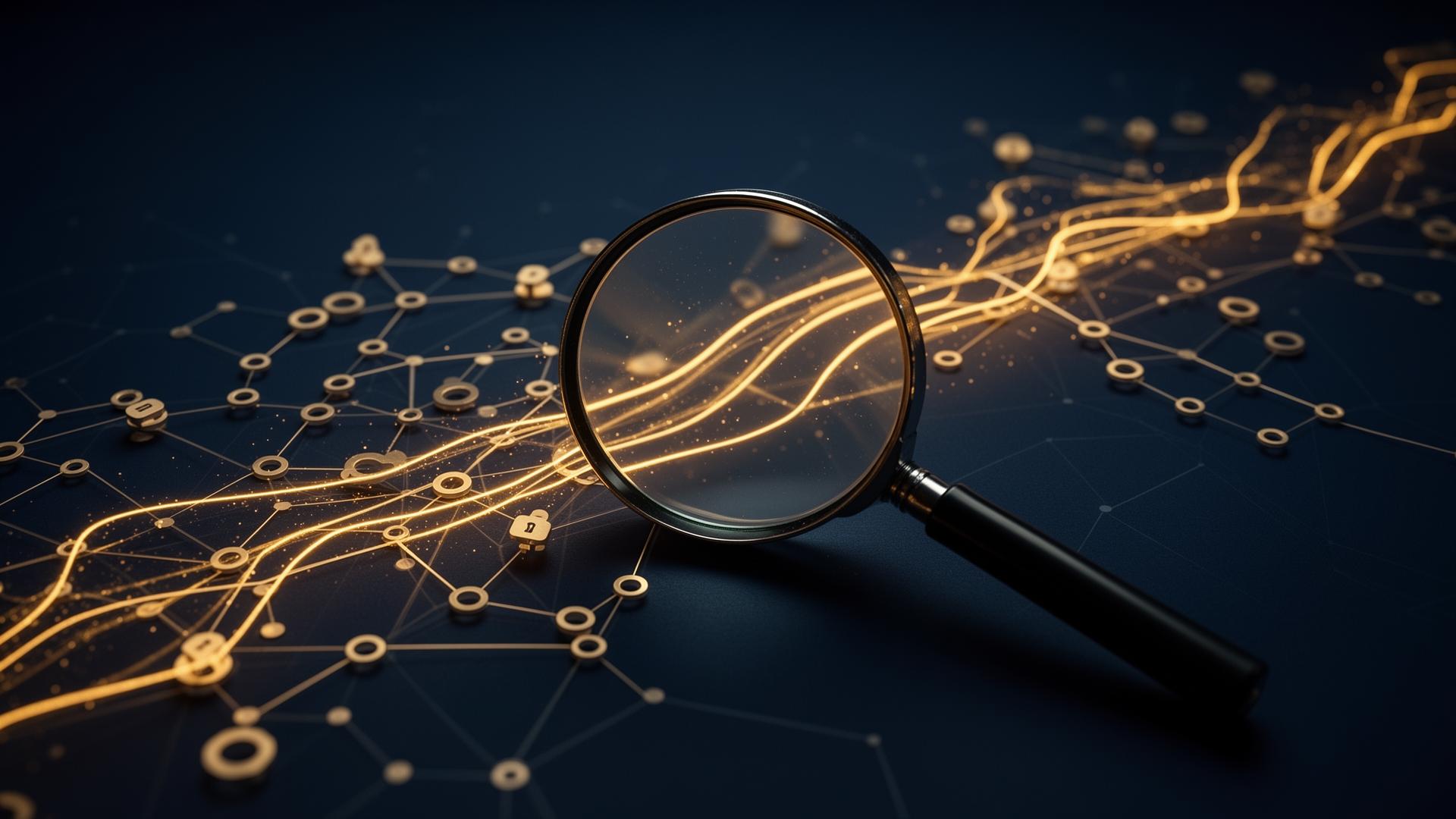 Magnifying glass examining golden blockchain transaction paths across a dark network
