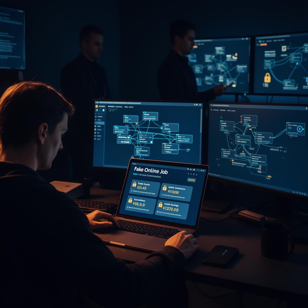 Victim reviewing a fake online job dashboard showing tasks, commissions, and locked earnings while an investigator maps payment flows