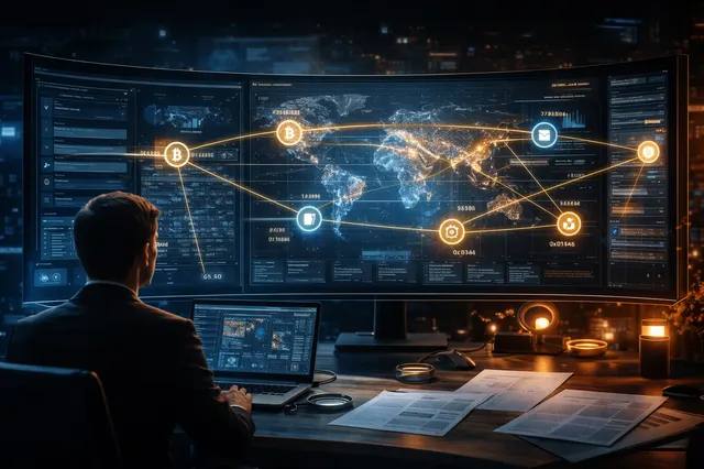 Analyst reviewing crypto loss on laptop with blockchain investigation visuals