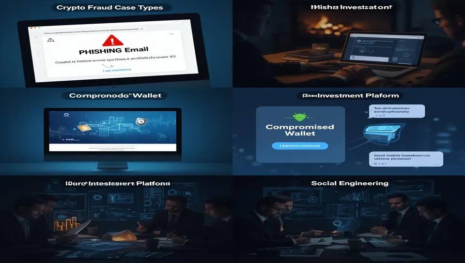 Multiple crypto fraud case types including phishing, wallet compromise, and investment scams