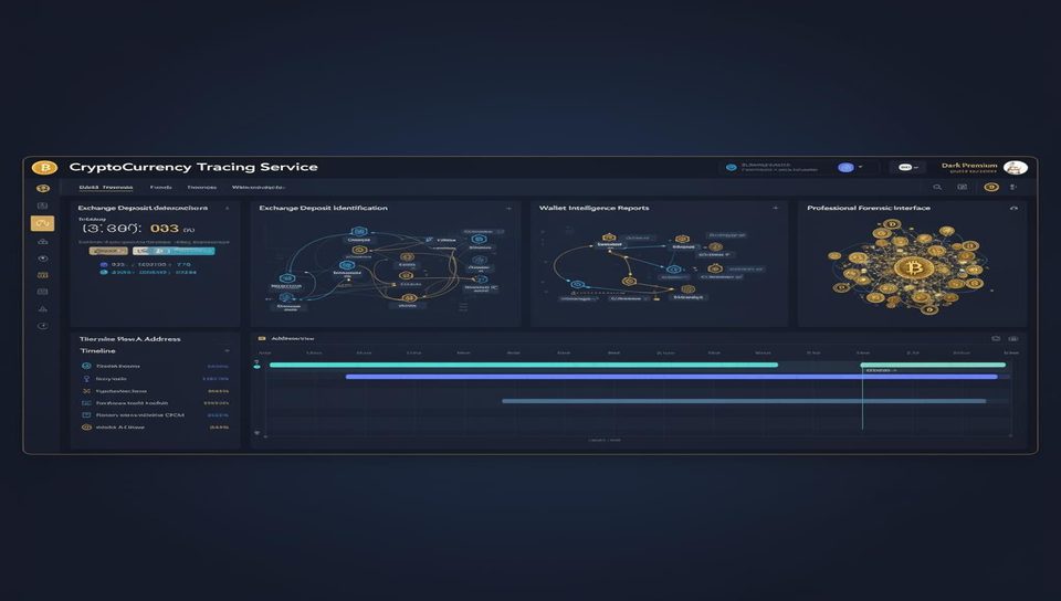 Professional crypto forensic analyst dashboard with blockchain tracing interface