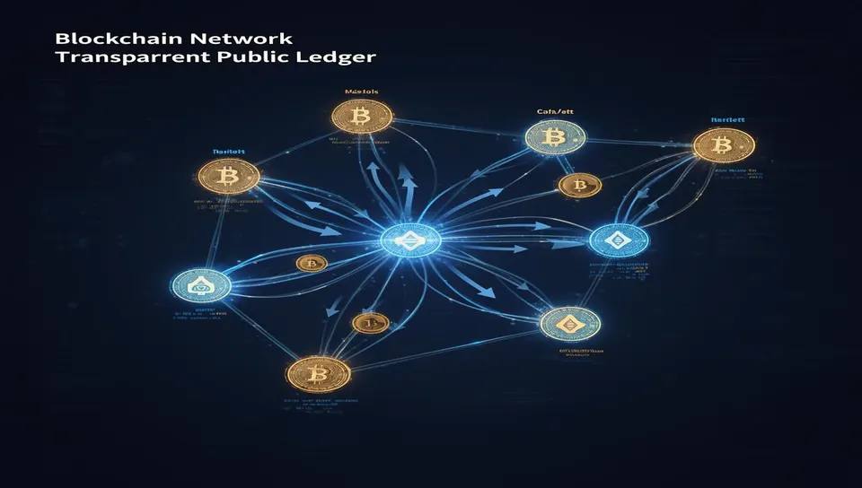 Blockchain transaction map with glowing wallet nodes and transfer arrows