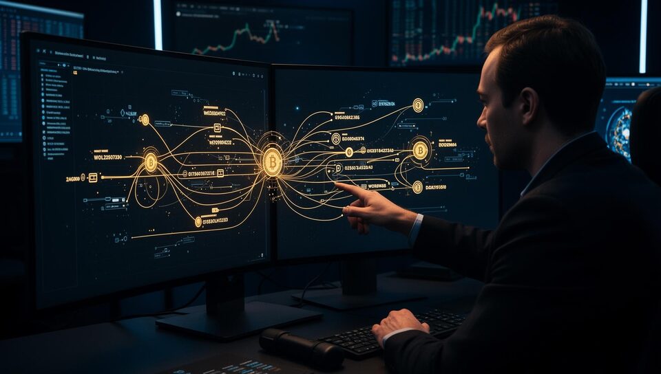 Blockchain tracing dashboard showing wallet paths and exchange touchpoints