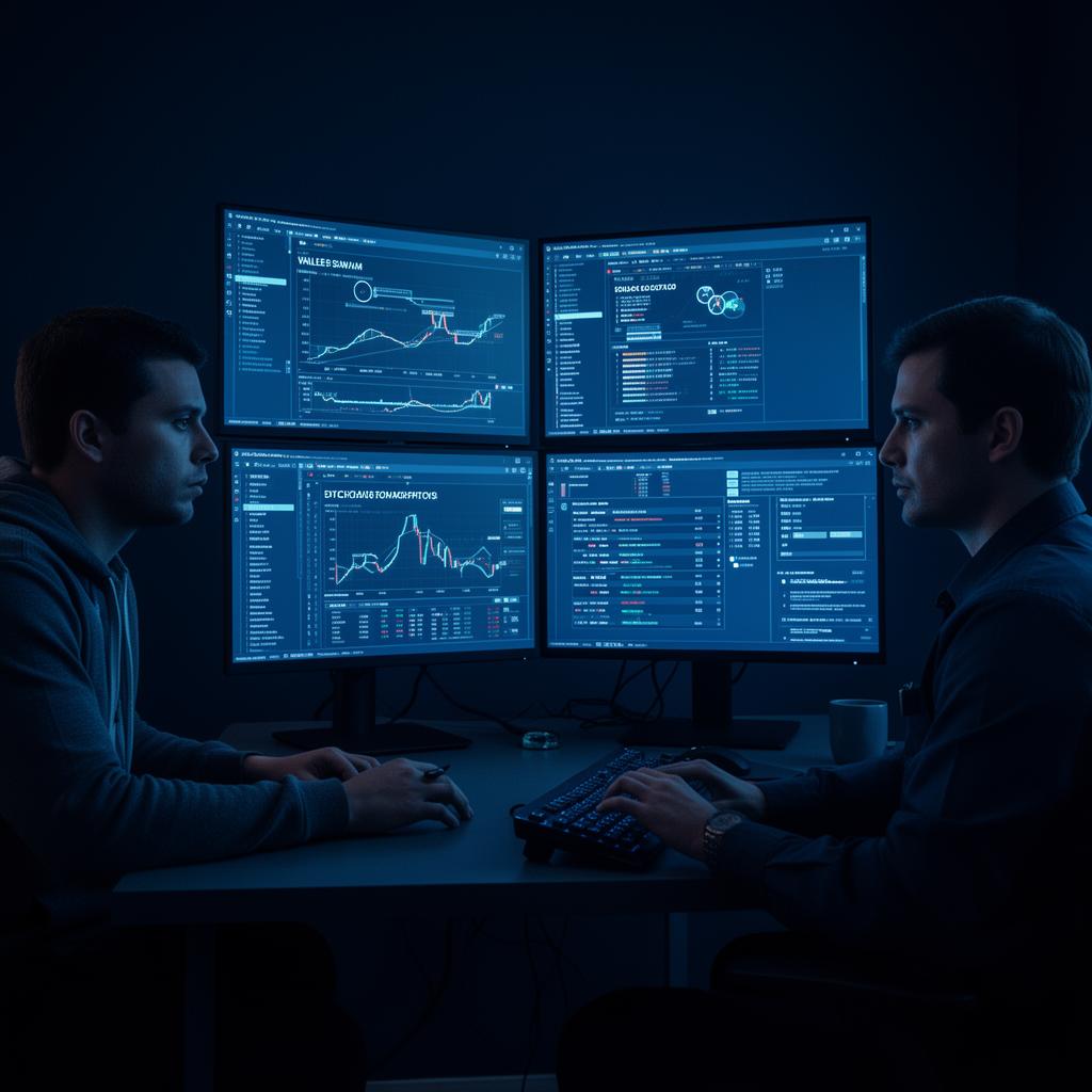 US victim and investigator reviewing wallet flows, agency forms, and exchange touchpoints on multiple monitors